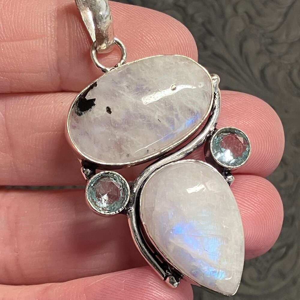 Rainbow Moonstone and Blue Topaz Gem Pendant Stone Crystal Jewelry